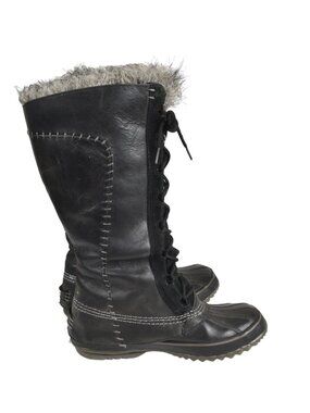 Sorel Cate the Great Black Leather Waterproof Tall Lace Up Winter Snow Boots  9